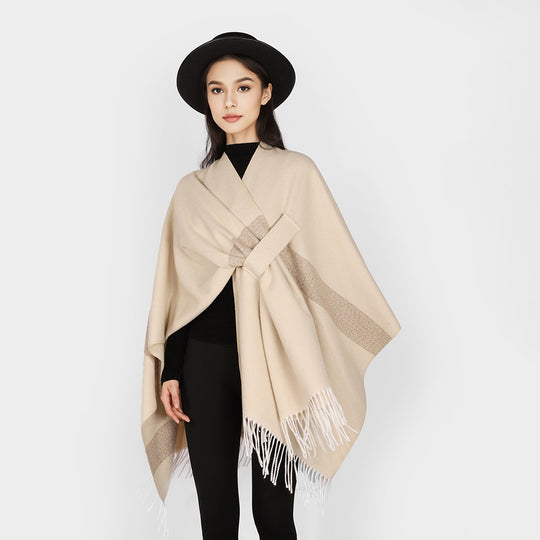 Damen Wollmix-Capeponcho mit Bindeschlaufen, weichgewebtem Oversize-Überwurf und Fransensaum Shop Nory