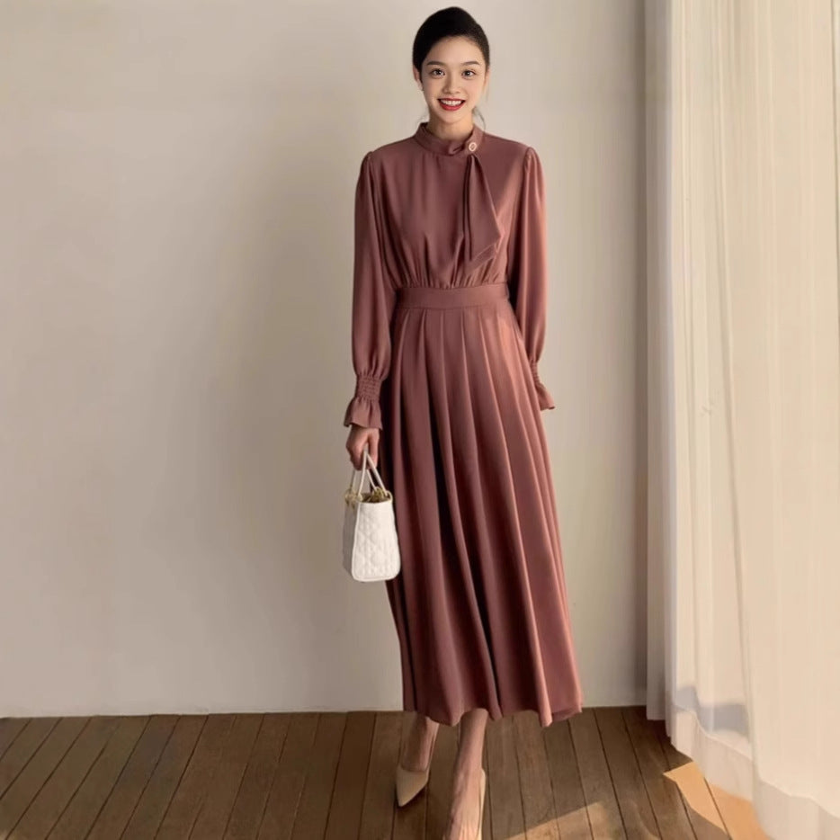 Damen Midikleid mit Stehkragen, Schleifenblende und geraffter Taille Shop Nory
