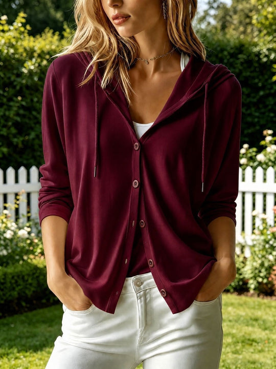 Damen Leichter Kapuzencardigan mit Knopfleiste und Tunnelzug Shop Nory