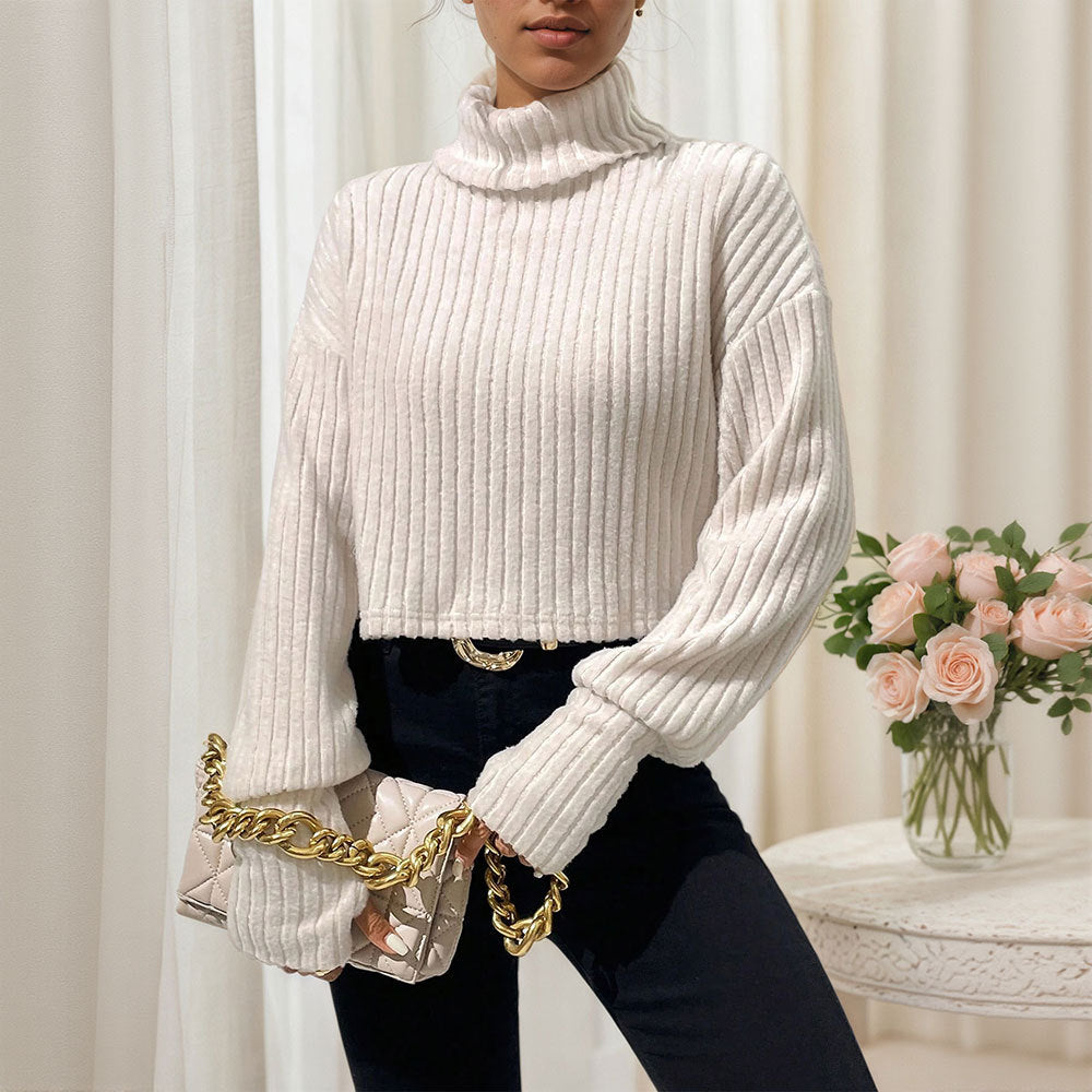 Damen geripptes Cropped‑Rollkragenpullover mit überschnittenen Schultern und voluminösen Ärmeln Shop Nory