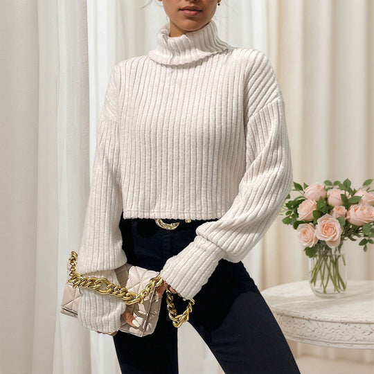 Damen geripptes Cropped‑Rollkragenpullover mit überschnittenen Schultern und voluminösen Ärmeln Shop Nory