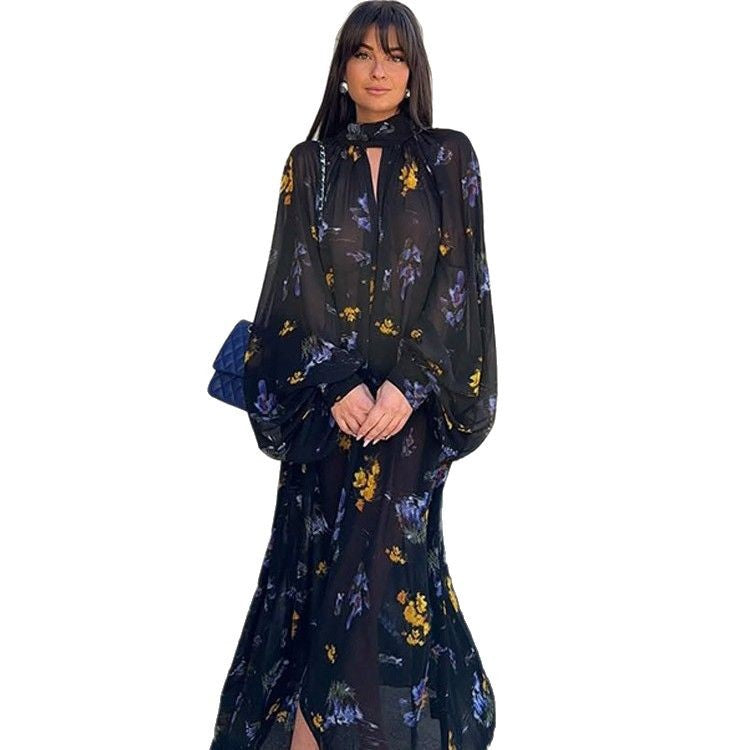 Damen Chiffon-Maxikleid mit Stehkragen, Keyhole-Ausschnitt & voluminösen Ballonärmeln Shop Nory