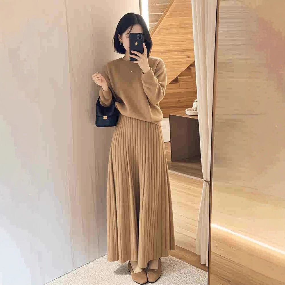 Damen Oversize-Strickpullover und plissierter Maxi-Rock Set Shop Nory