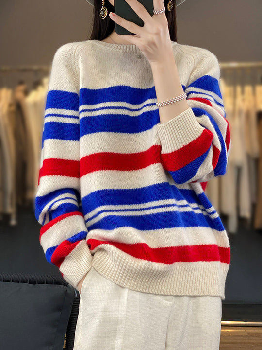 Damen Oversize-Streifenpullover aus weichem Wollmix mit maritimer Blockstreifen und Rundhals Shop Nory