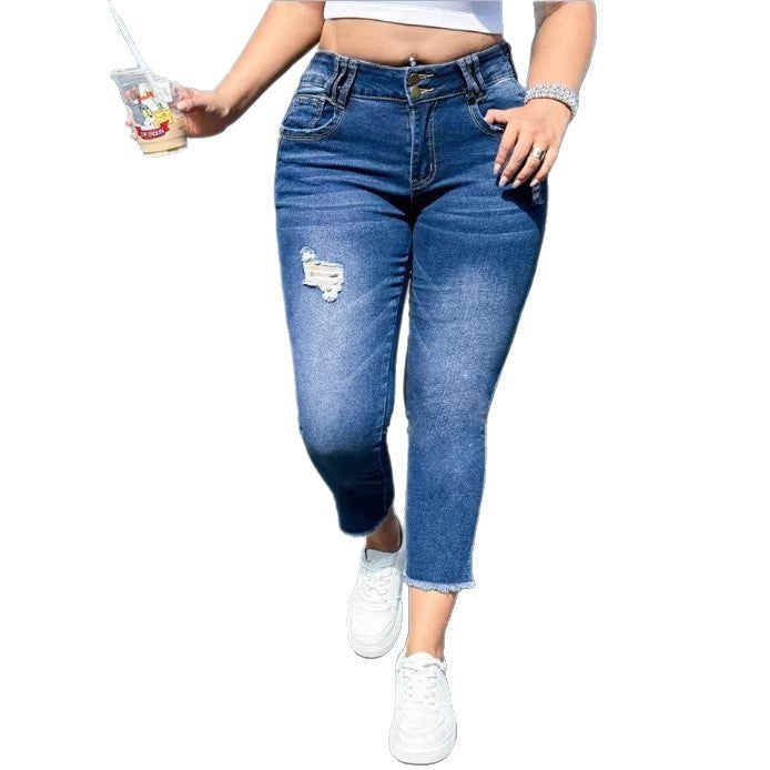 Damen Taillenhohe Cropped-Skinny-Jeans aus Superstretch-Denim mit doppelter Knopfleiste und rohem Fransen-Saum Shop Nory