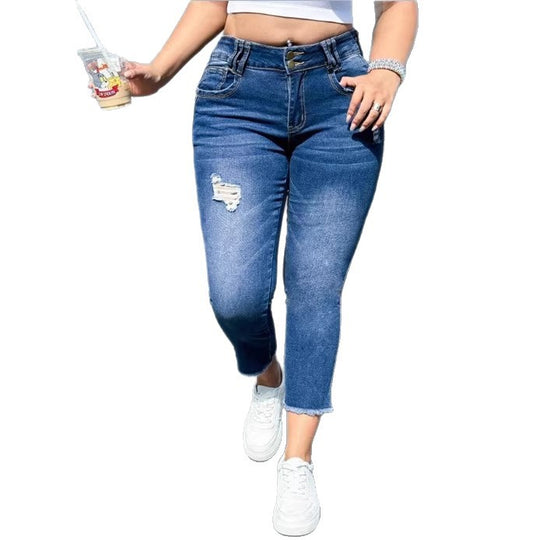 Damen Taillenhohe Cropped-Skinny-Jeans aus Superstretch-Denim mit doppelter Knopfleiste und rohem Fransen-Saum Shop Nory