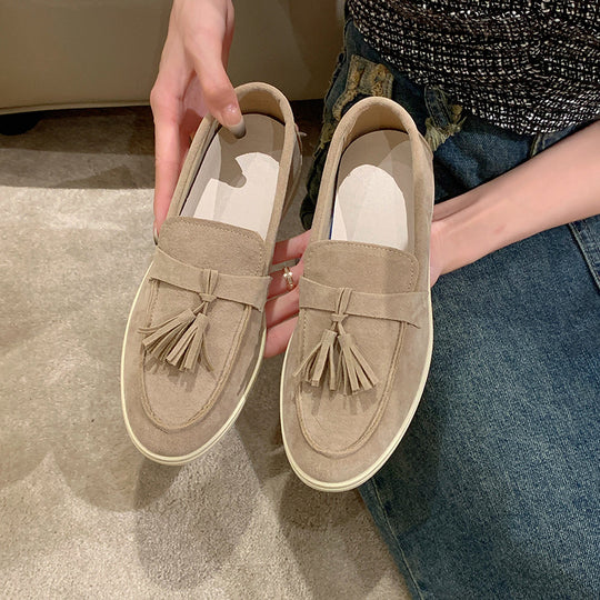 Damen Slipper mit Quasten aus Veloursleder und rutschfester Gummisohle Shop Nory