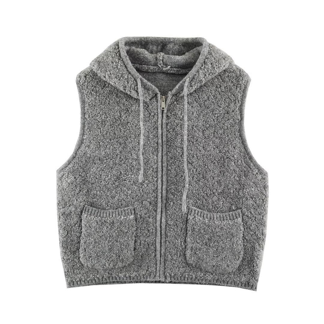 Damen Teddy-Fleece-Weste mit Kapuze, Reißverschluss und aufgesetzten Taschen Shop Nory