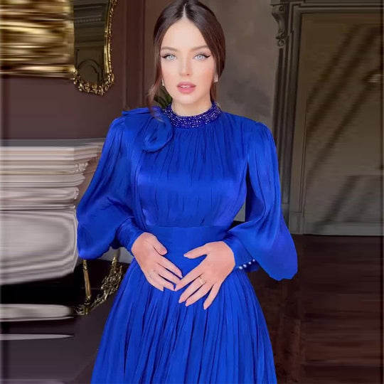 Damen Elegantes Chiffon-Maxikleid mit tailliertem Wickelbund, Stehkragen und langen Puffärmeln Shop Nory
