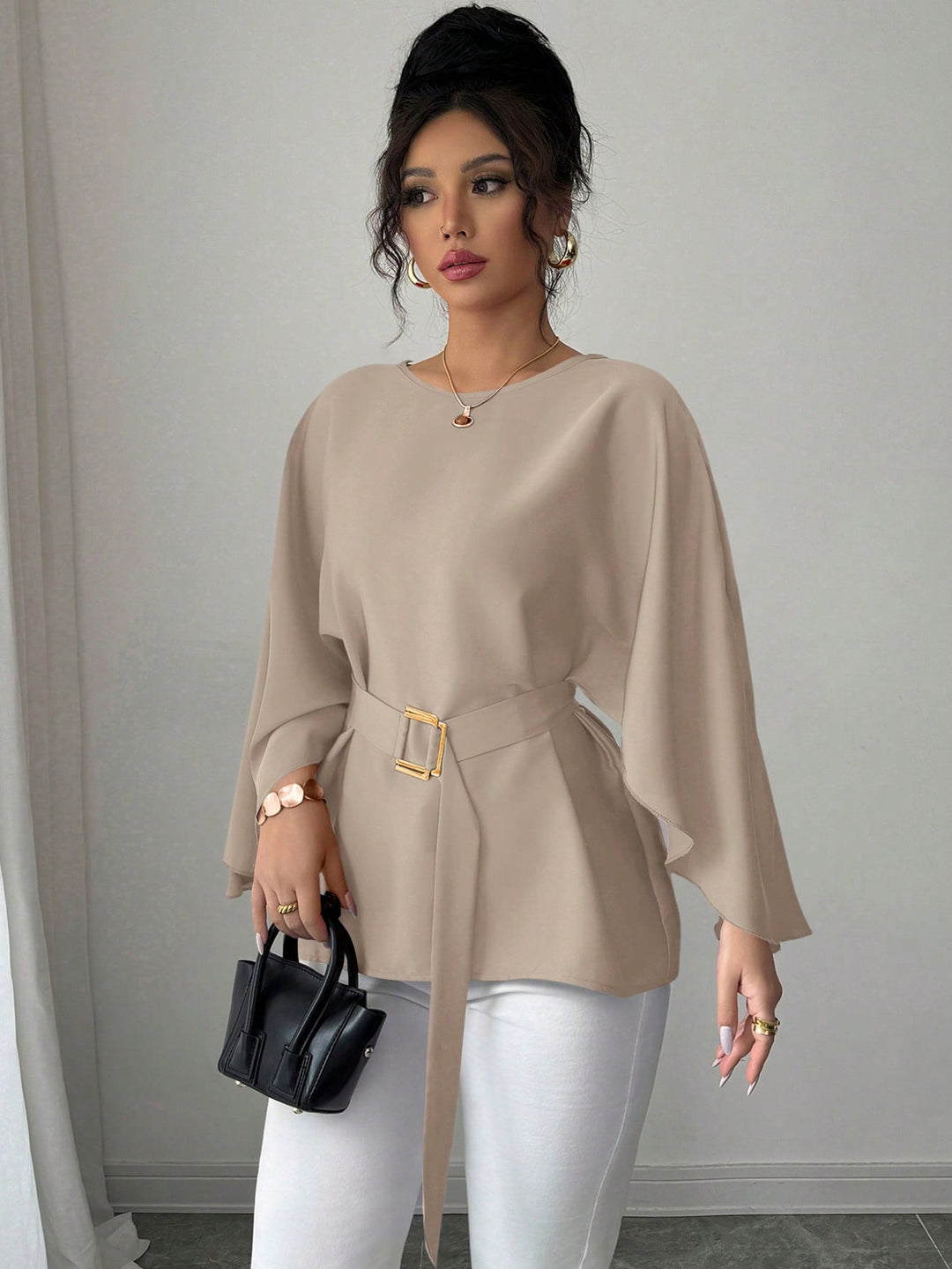 Damen Elegante Chiffon-Tunika mit Cape-Ärmeln und Taillengürtel Shop Nory