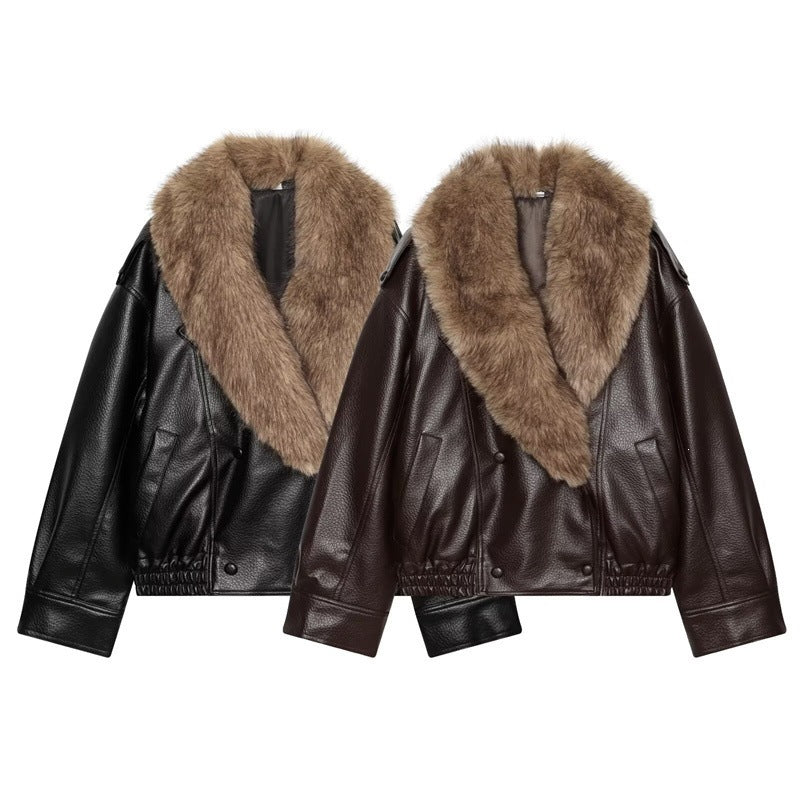 Damen Kurz geschnittene Lederjacke mit vollem Pelzkragen und elastischem Saum Shop Nory