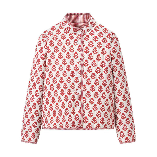 Damen Leichte bedruckte Baumwolljacke mit Stehkragen und gestreiften Manschetten Shop Nory