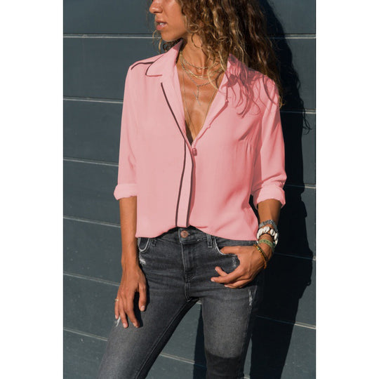 Damen Elegante Bluse mit Kontrastpaspel, V‑Ausschnitt und krempelbaren Ärmeln Shop Nory