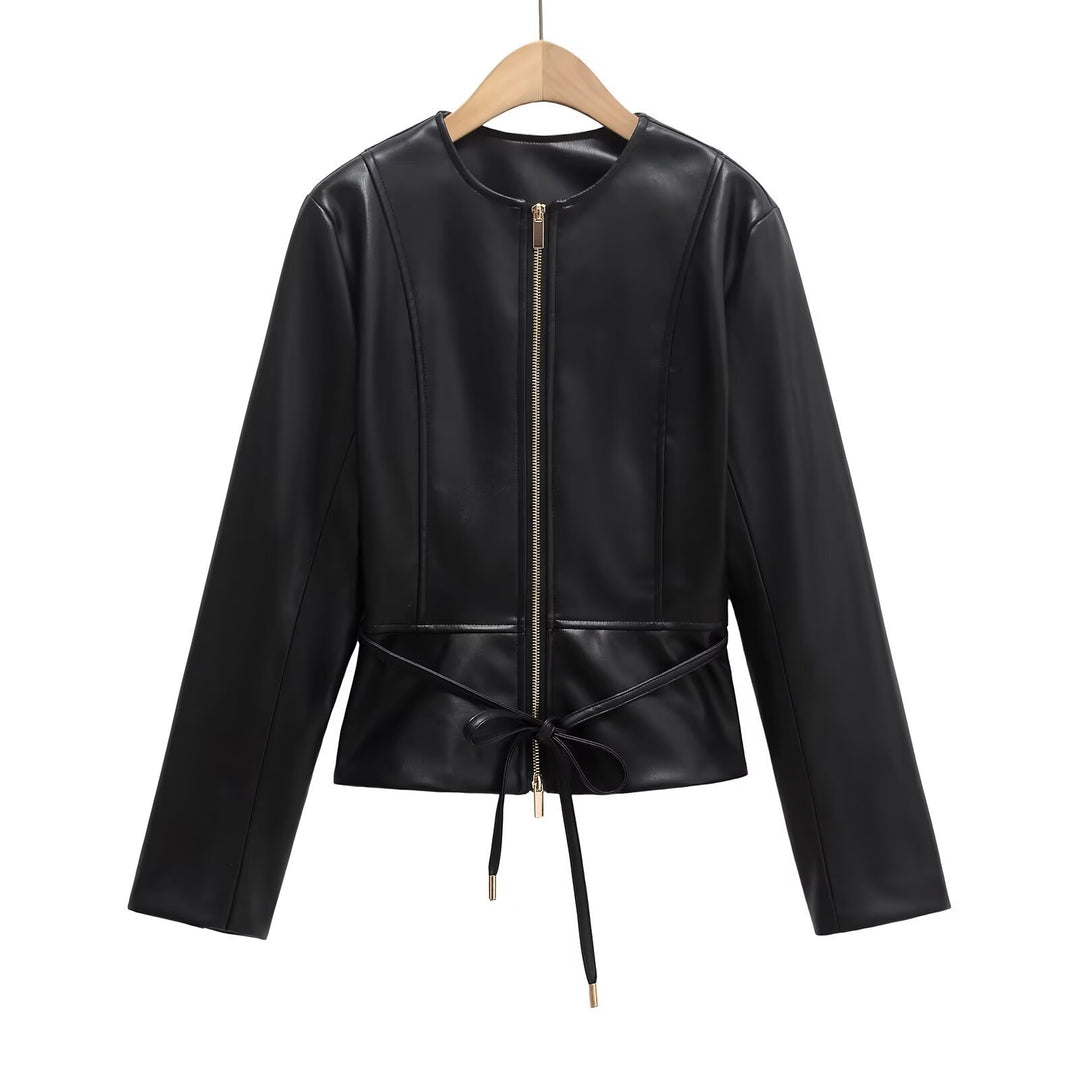 Damen Kollierlose Kunstlederjacke mit Reißverschluss und Taillenband Shop Nory