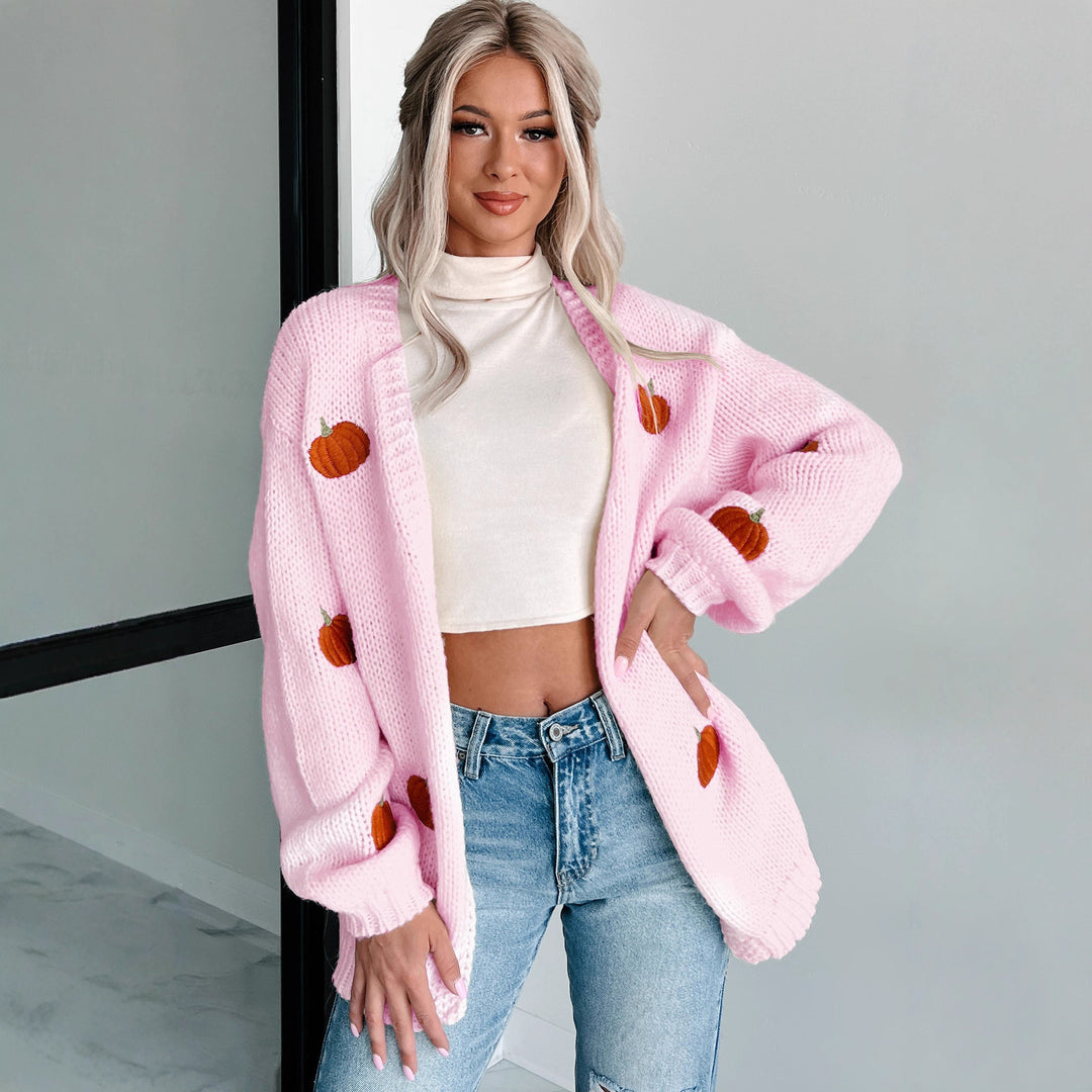 Damen Kuscheliger Oversize-Strickcardigan mit Kürbis‑Stickerei Shop Nory