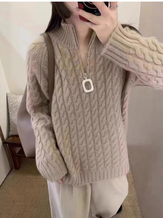 Damen Oversize Zopfmuster-Feinstrickpullover mit halbem Zipper und Stehkragen Shop Nory