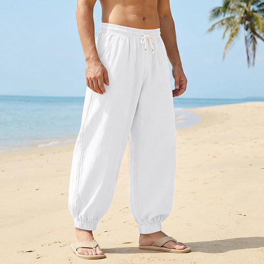 Herren Weite Leinenoptik-Strandhose mit Kordelzug, elastischem Bund und gerafften Beinabschlüssen Shop Nory