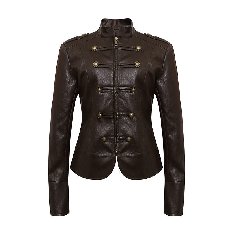 Damen figurbetonte Lederjacke im Military‑Stil mit Stehkragen und Zierknopf‑Blende Shop Nory