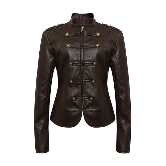 Damen figurbetonte Lederjacke im Military‑Stil mit Stehkragen und Zierknopf‑Blende Shop Nory