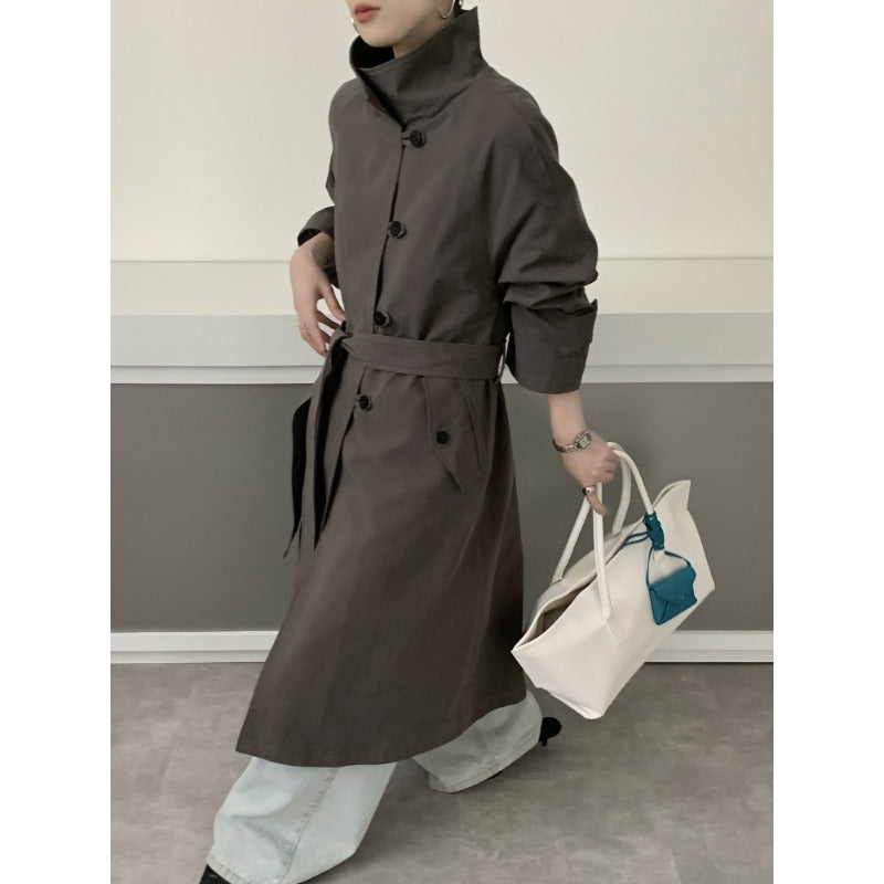 Damen Midilanger Trenchcoat mit hohem Stehkragen, Bindegürtel und lässiger Oversize-Silhouette Shop Nory