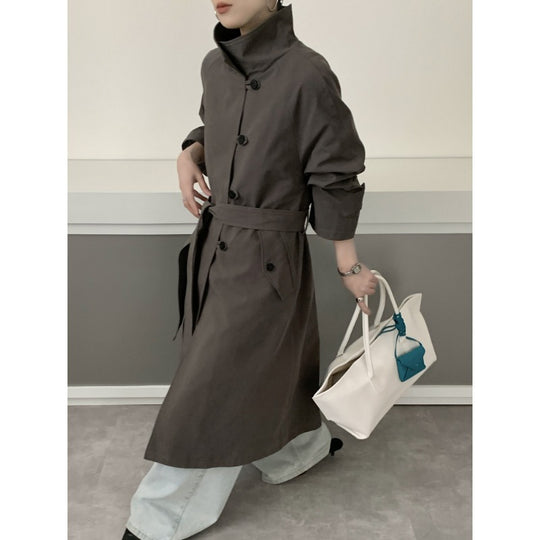 Damen Midilanger Trenchcoat mit hohem Stehkragen, Bindegürtel und lässiger Oversize-Silhouette Shop Nory