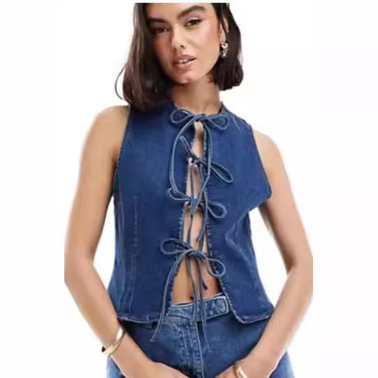 Damen Denim-Weste mit innovativem Schnürverschluss und stylischem Design