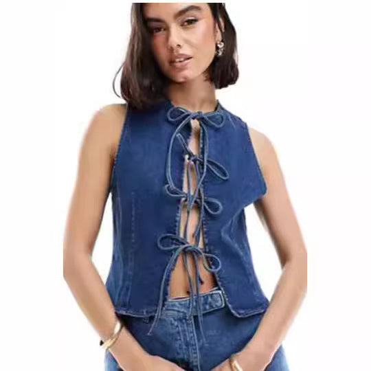 Damen Denim-Weste mit innovativem Schnürverschluss und stylischem Design
