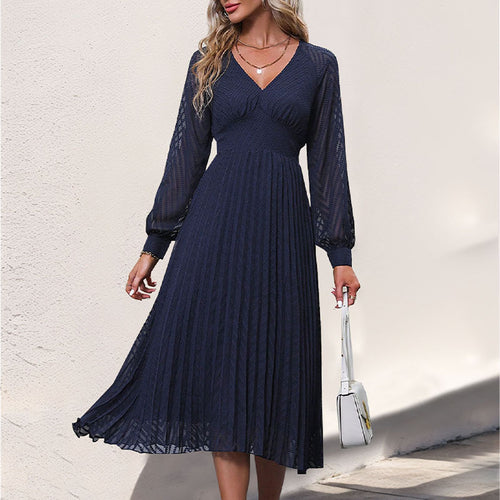 Damen Plissiertes Midikleid mit V-Ausschnitt, tailliertem Bund und transparenten Ballonärmeln Shop Nory