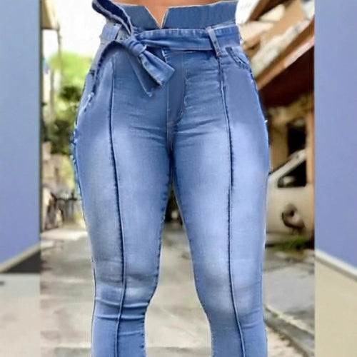 Damen Hochtaillierte Paperbag-Skinny-Jeans mit Bindegürtel und vertikaler Nahtführung Shop Nory