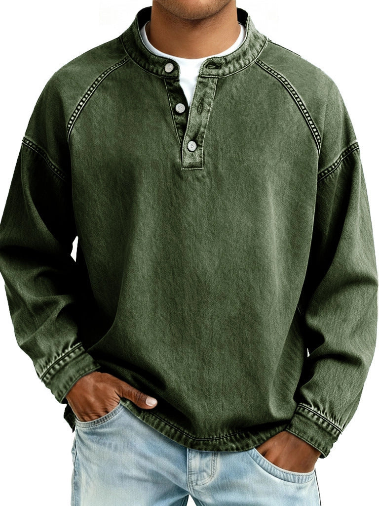 Herren nan verwaschenes Henley-Shirt mit Stehkragen, lockerer Passform und Knopfleiste Shop Nory