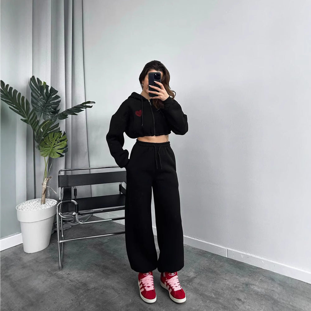 Damen Cropped Kapuzenpullover und hohe Taille Wide-Leg Jogginghose Set Shop Nory