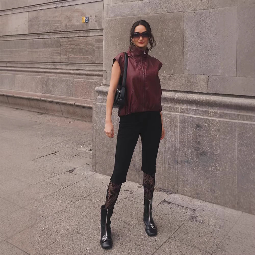 Damen Ärmellose Lederweste mit hohem Stehkragen, kurzem Boxy-Cut und Frontreißverschluss Shop Nory