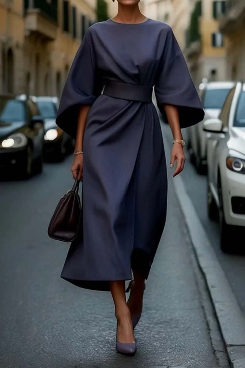 Damen Maxi-Kleid mit voluminösen Ärmeln und elegantem Drapierungsdesign