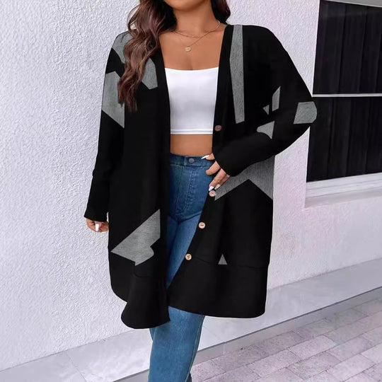 Damen Oversize Strickcardigan mit geometrischem Muster, Knopfverschluss und aufgesetzten Taschen Shop Nory