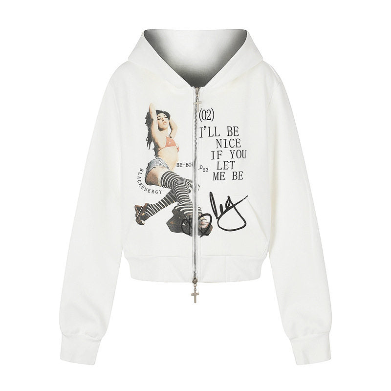 Damen Kapuzen-Sweatjacke mit Fotoprint, kurzem Cropped-Schnitt und Kreuz-Zipper Shop Nory