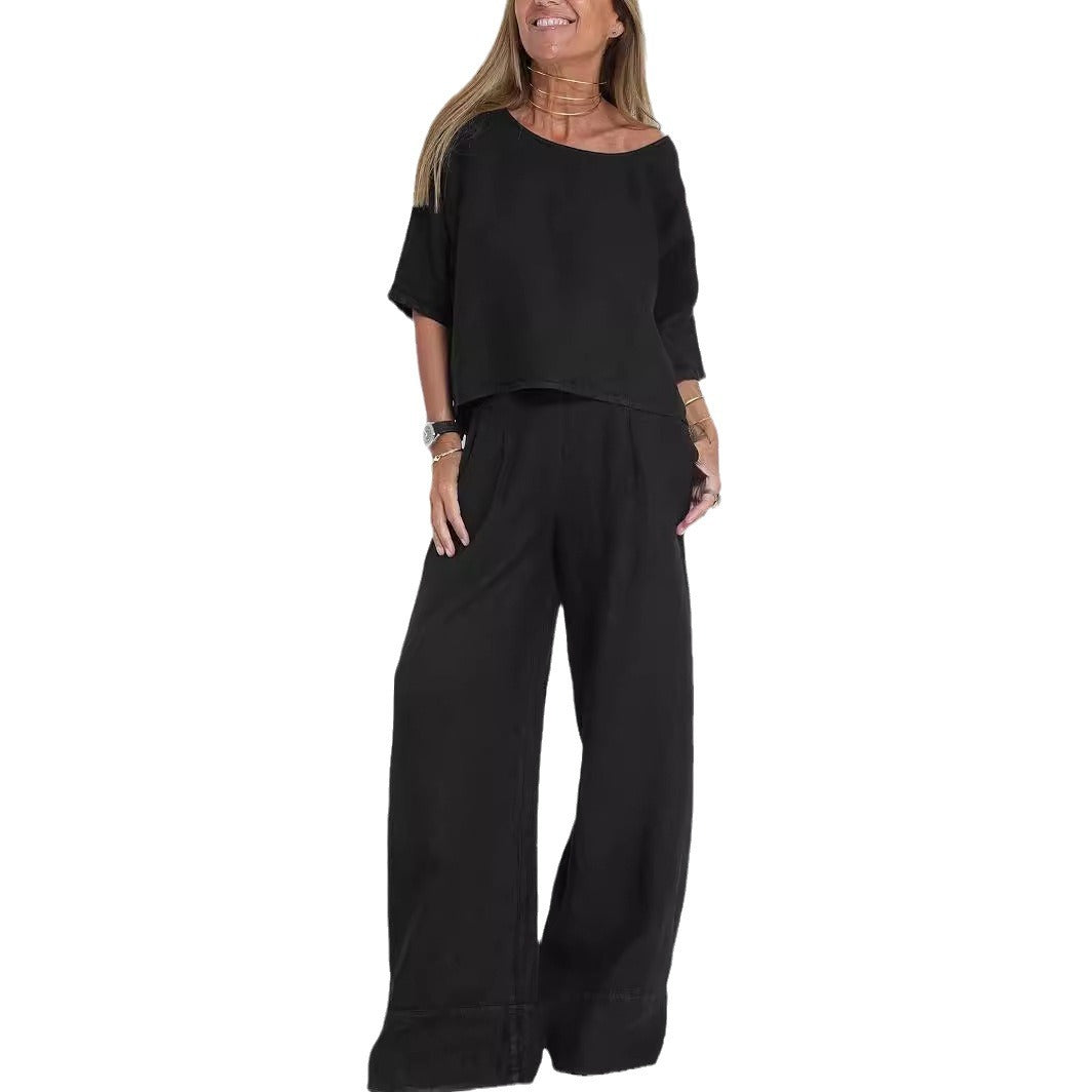 Damen lässiges Leinen-Set mit weitem Oberteil und palazzo Hosen