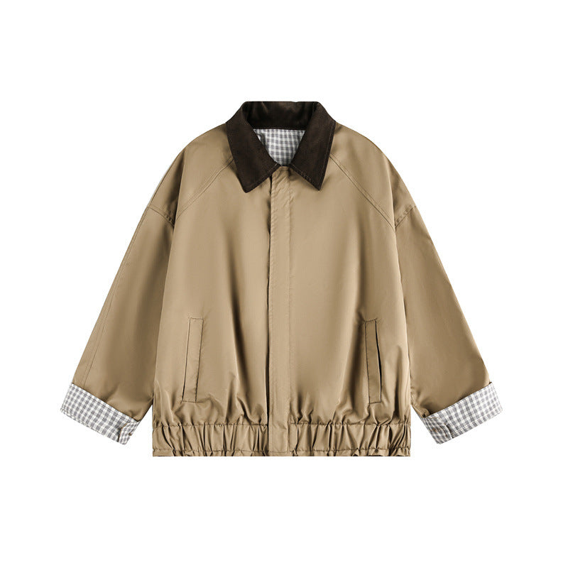 Unisex Kurz geschnittene Boxy‑Blousonjacke mit Cordkragen und kariertem Ärmelumschlag Shop Nory
