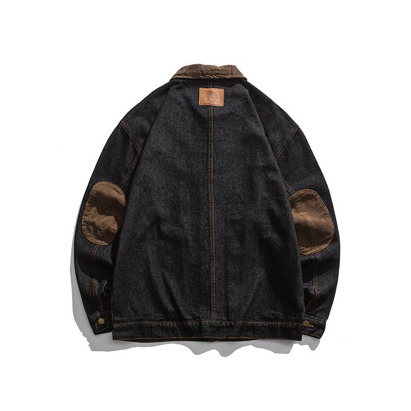 Herren Boxy Denim-Workerjacke mit Cordkragen, Pattentaschen und Ellbogenpatches Shop Nory