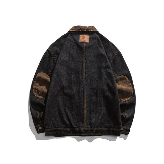 Herren Boxy Denim-Workerjacke mit Cordkragen, Pattentaschen und Ellbogenpatches Shop Nory