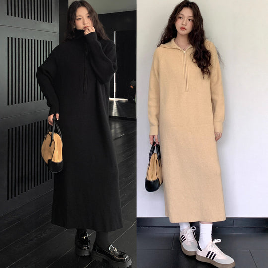 Damen Geripptes Kapuzen-Strickmaxikleid mit halbem Reißverschluss und weitem Fall Shop Nory