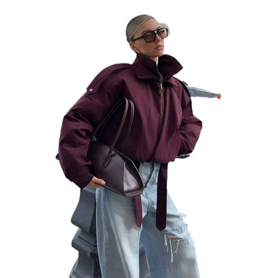 Damen Kurz geschnittene Oversize-Bomberjacke mit hohem Stehkragen, Tunnelzug und Schulterklappen Shop Nory
