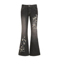 Damen Flared Jeans mit floralem Stickdesign und hohem Taillenbund