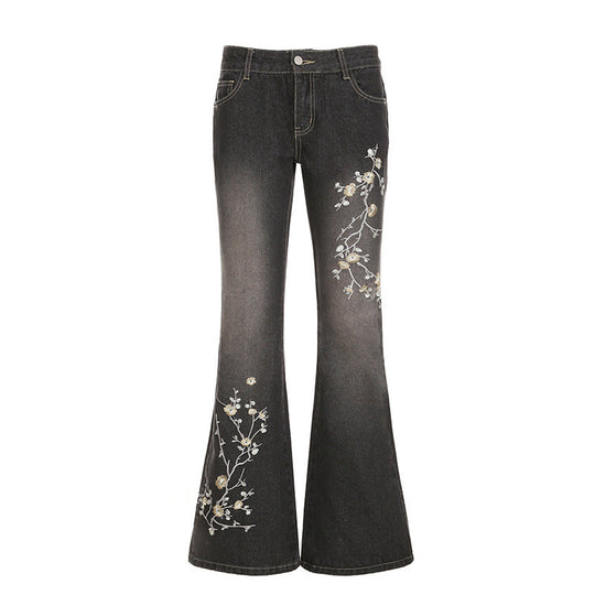 Damen Flared Jeans mit floralem Stickdesign und hohem Taillenbund