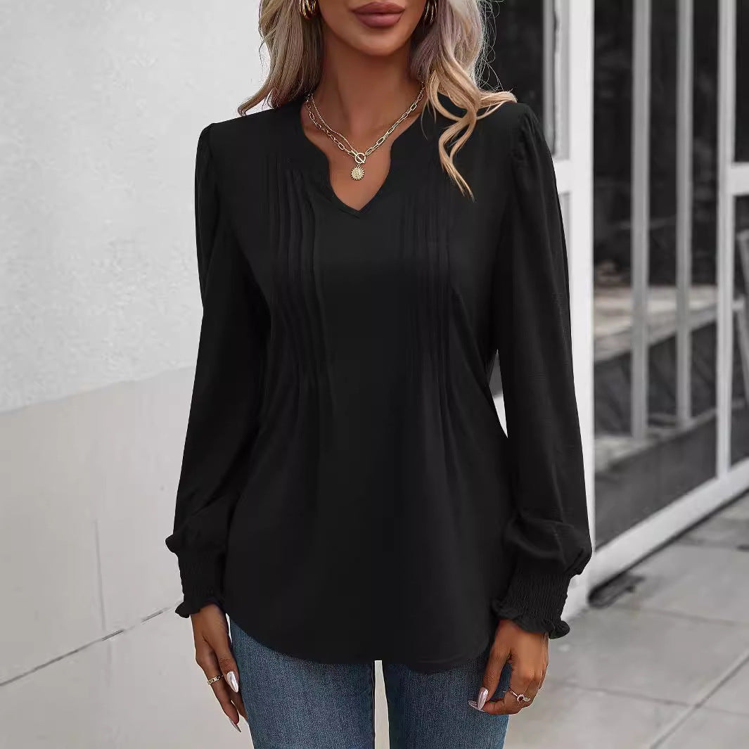Damen nan Langarmshirt mit V-Ausschnitt, dekorativen Kellerfalten vorn und elastischen Smokbündchen Shop Nory
