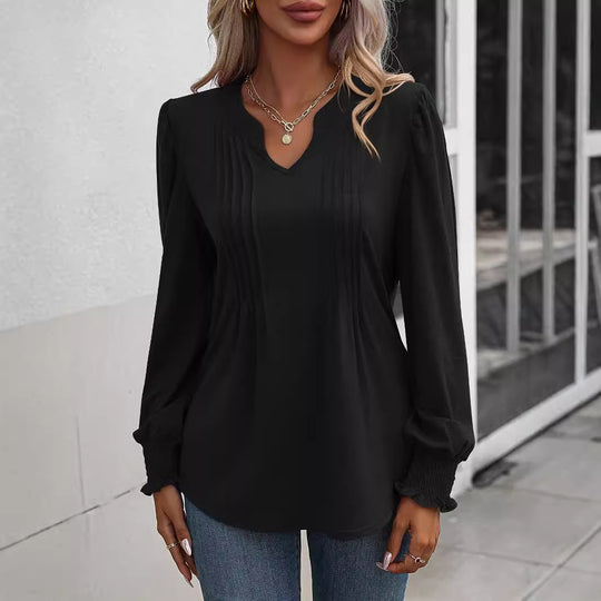 Damen nan Langarmshirt mit V-Ausschnitt, dekorativen Kellerfalten vorn und elastischen Smokbündchen Shop Nory