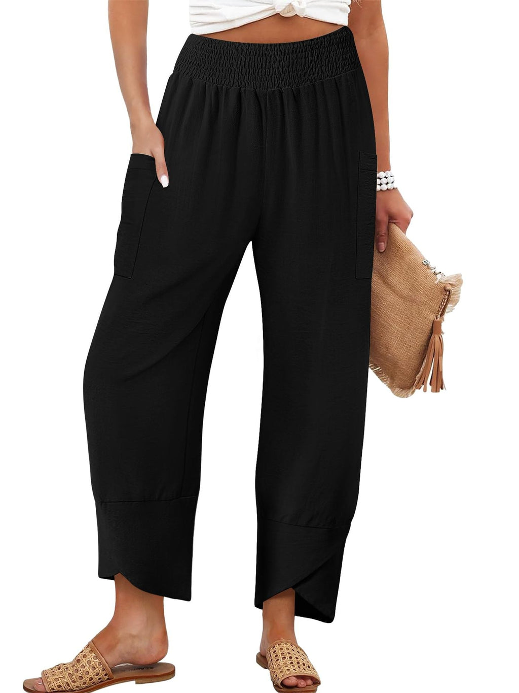Damen Weite Sommerhose mit elastischem Bund und praktischen Taschen