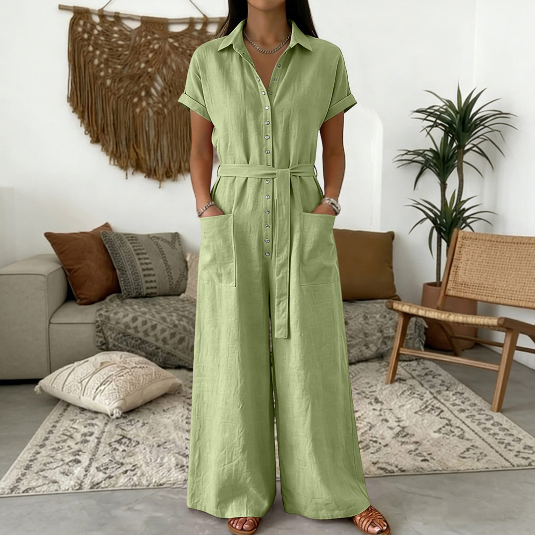 Damen Hemdblusen-Jumpsuit mit weitem Bein, Aufgesetzten Taschen und Bindegürtel Shop Nory