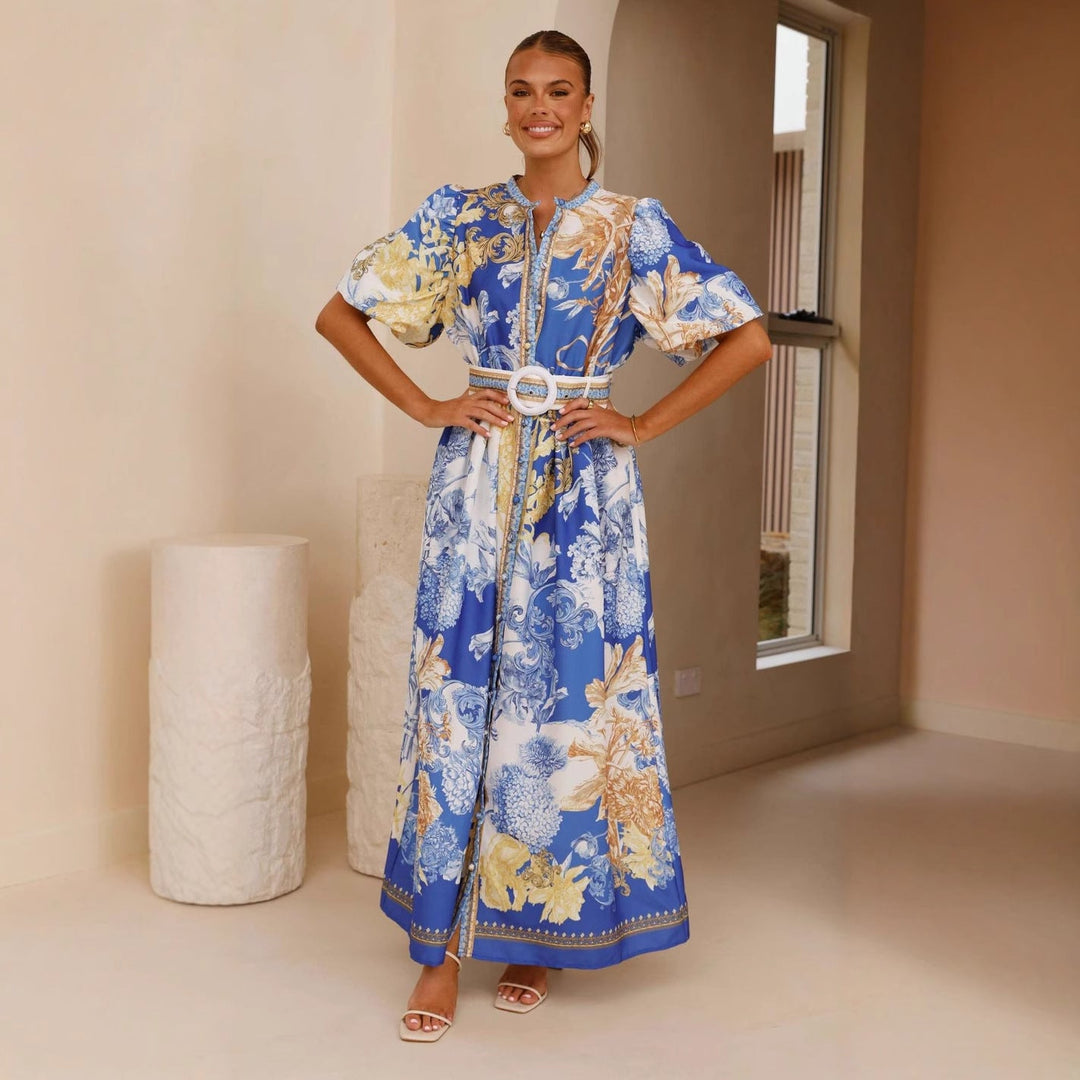 Damen Maxikleid mit floralem Knopfleisten-Design und tailliertem Gürtel