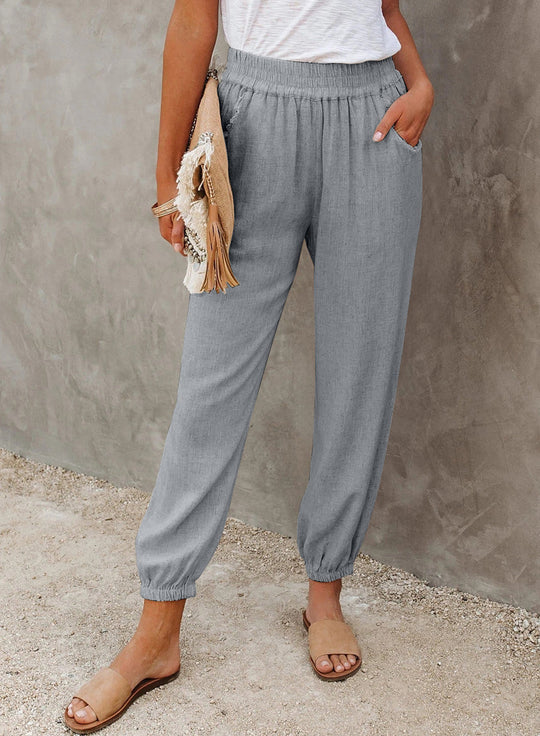 Damen lässige Leinen-Hose mit elastischem Bund und Gummizug
