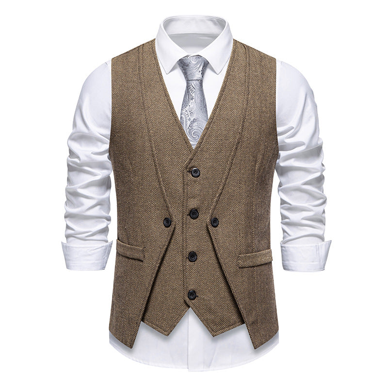 Herren Elegante Fischgräten-Tweedweste mit doppelreihiger Knopfleiste und Pattentaschen Shop Nory